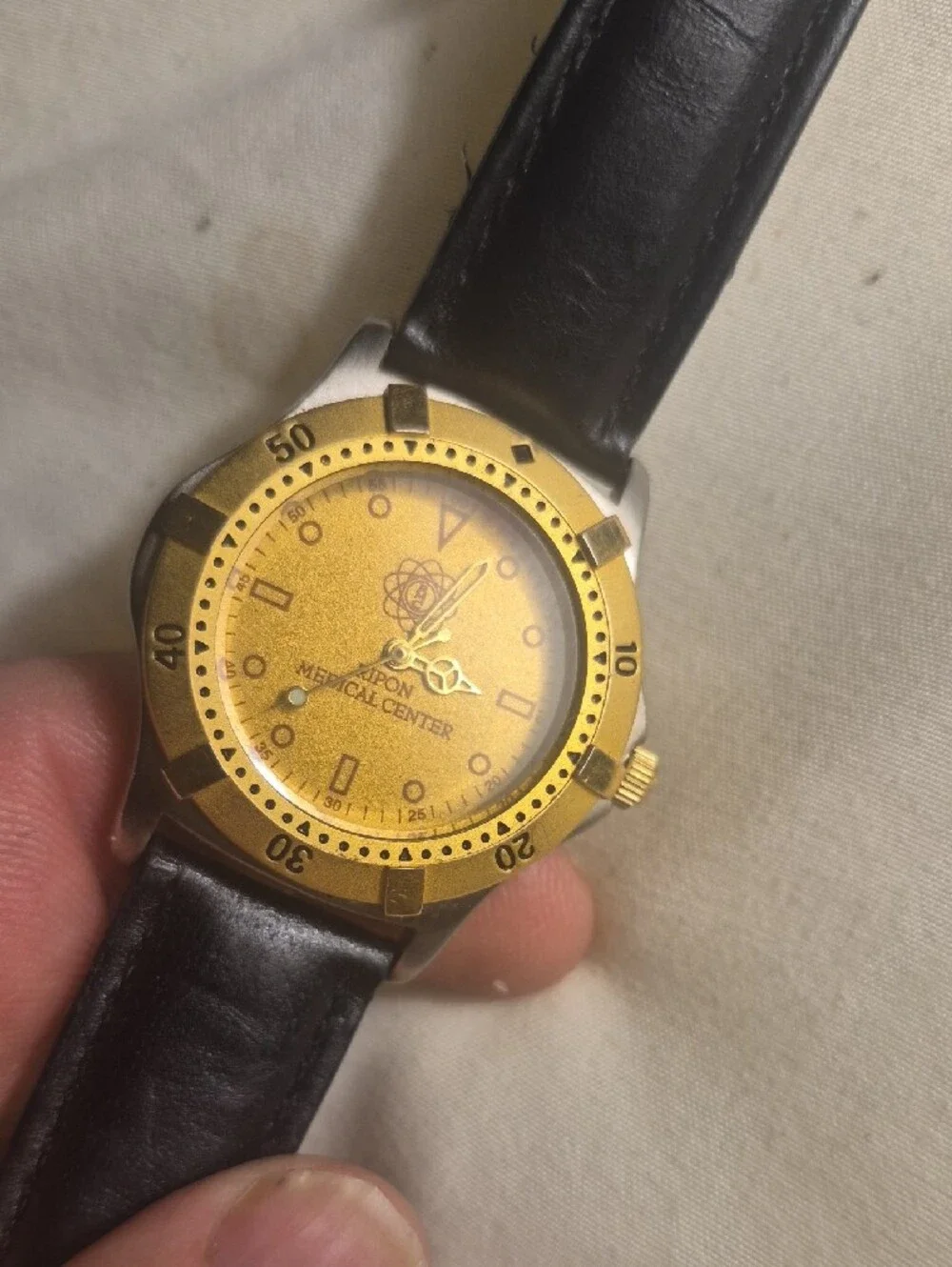 Ocean Star Gold Dial Black Leather Branded Wristwatch